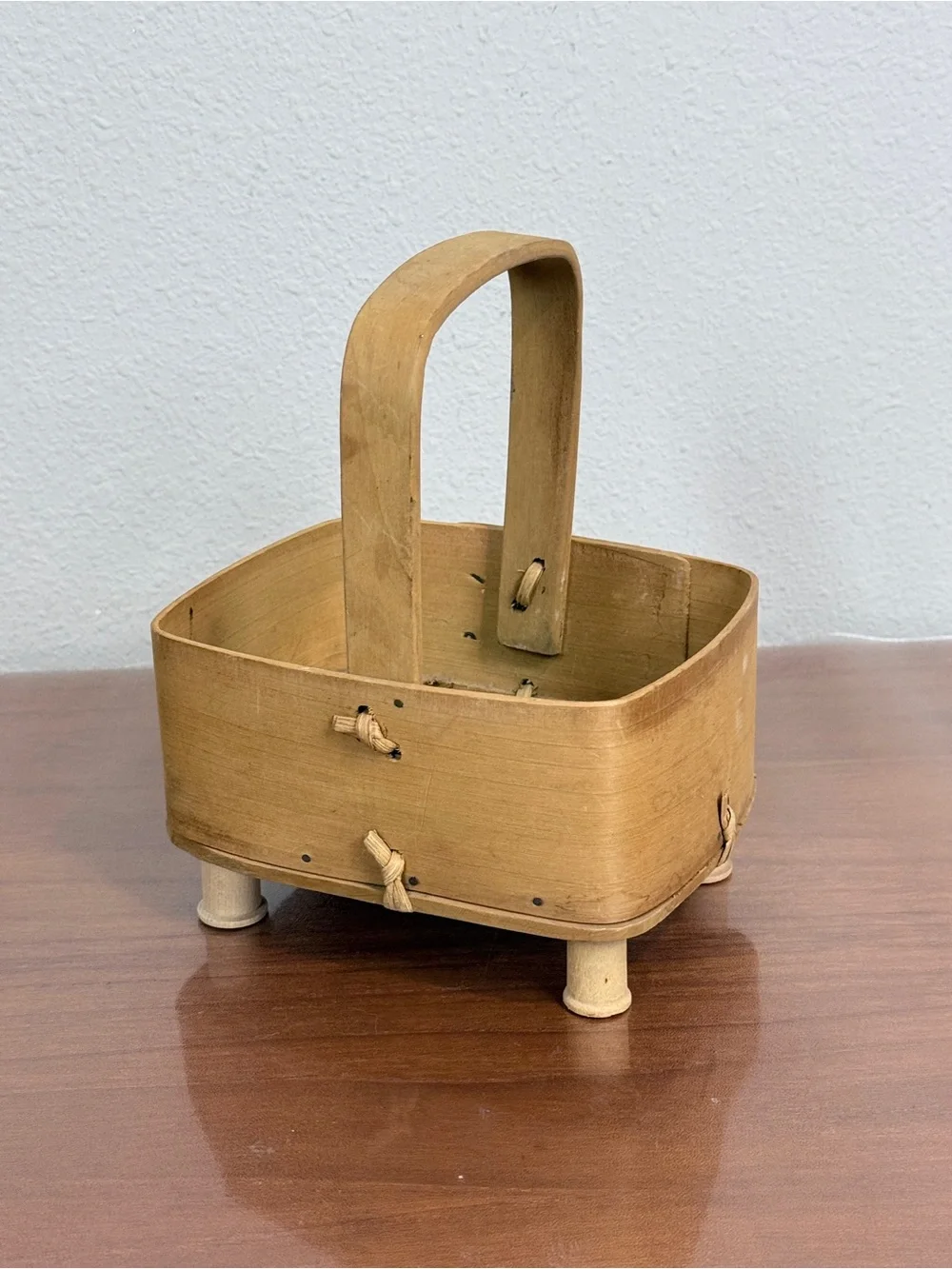 Vintage Bent Wood Basket with Sewing Spool Feet